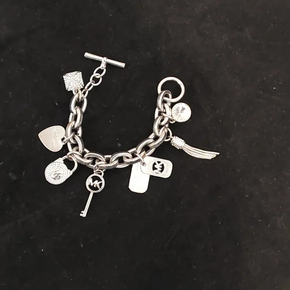 Michael Kors Silver Tone Pave White Crystal Charm Bracelet 8 Long